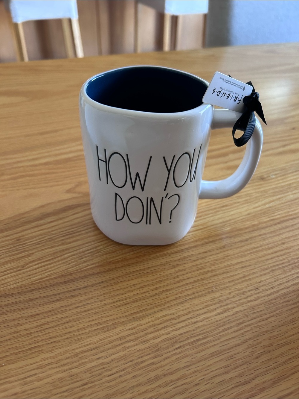 Rae Dunn White Mug with Navy Interior "HOW YOU DOIN'?"